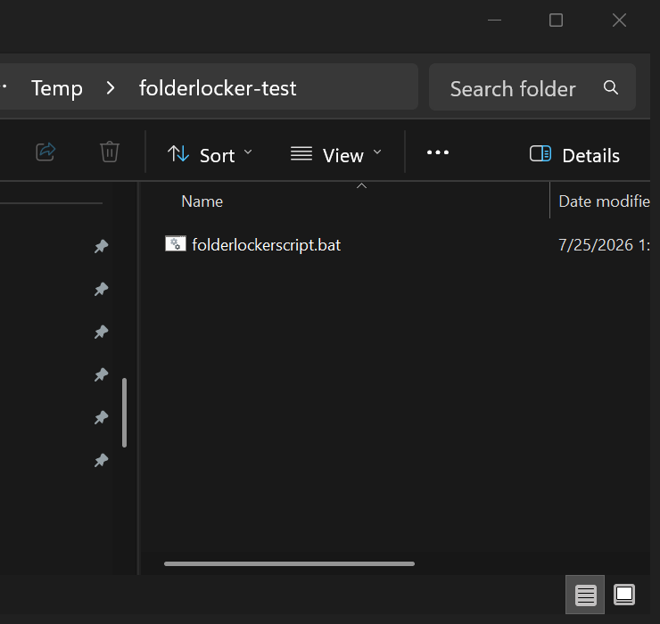 The same File Explorer view reopened after locking, now listing only folderlockerscript.bat, with the Locker folder gone from the view entirely