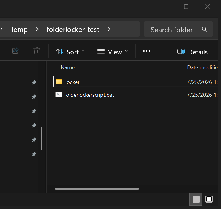 File Explorer showing the folderlocker-test directory, which contains a folder named Locker alongside the folderlockerscript.bat file