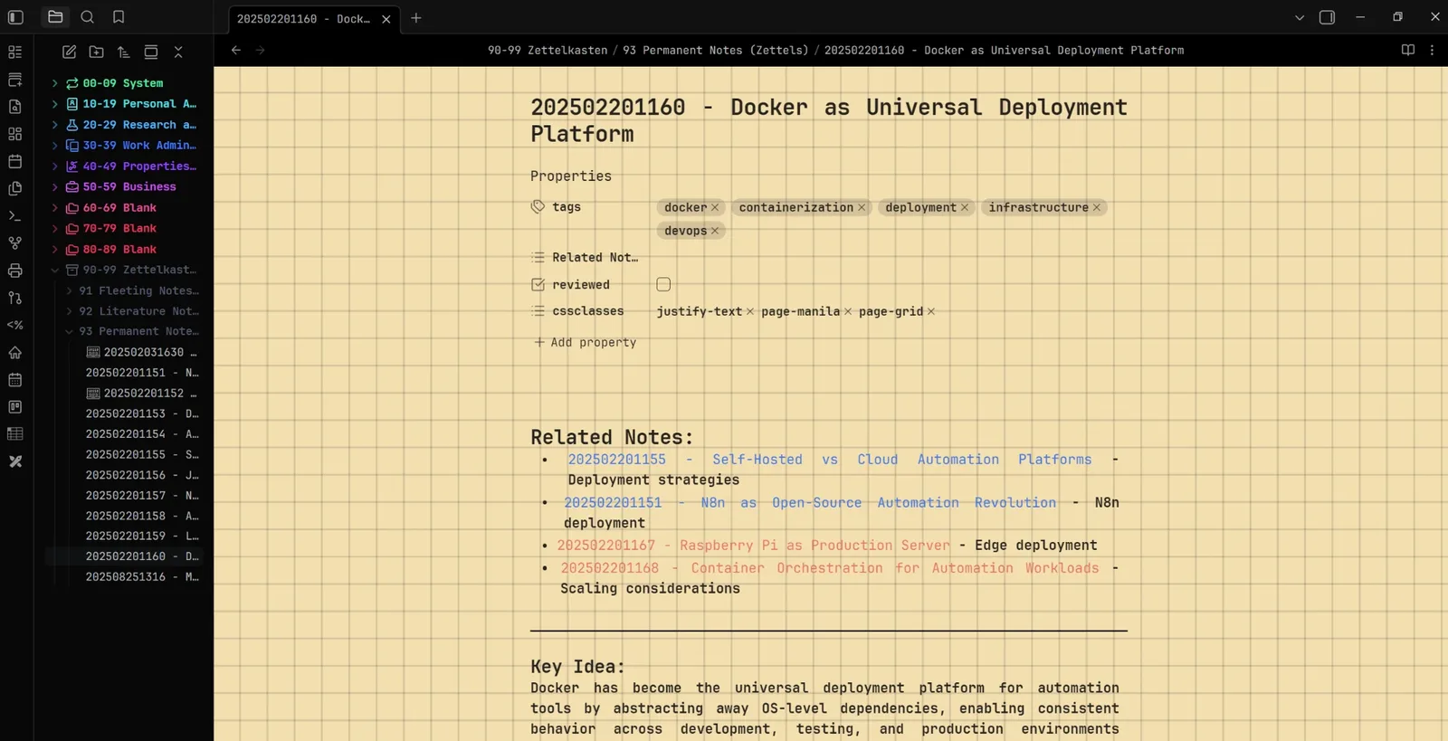 A permanent note in Obsidian: the Docker zettel with its template sections and a Related Notes list linking to four other notes