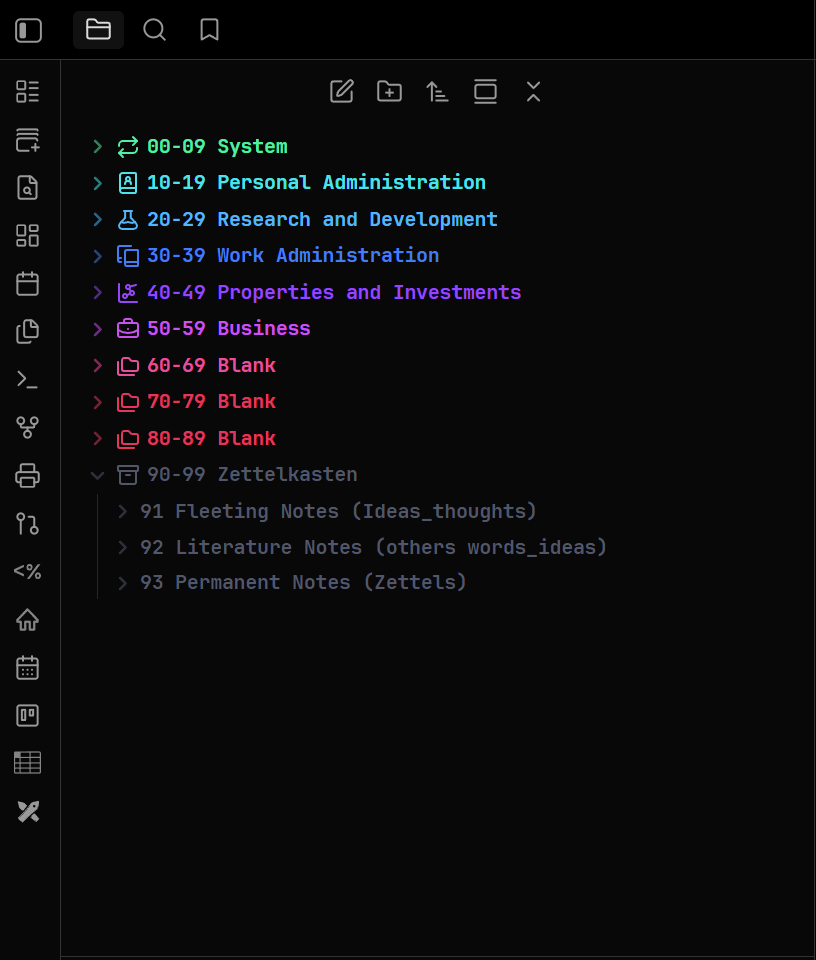 The Obsidian sidebar: numbered areas from 00-09 System to 90-99 Zettelkasten, including three deliberately blank areas held in reserve