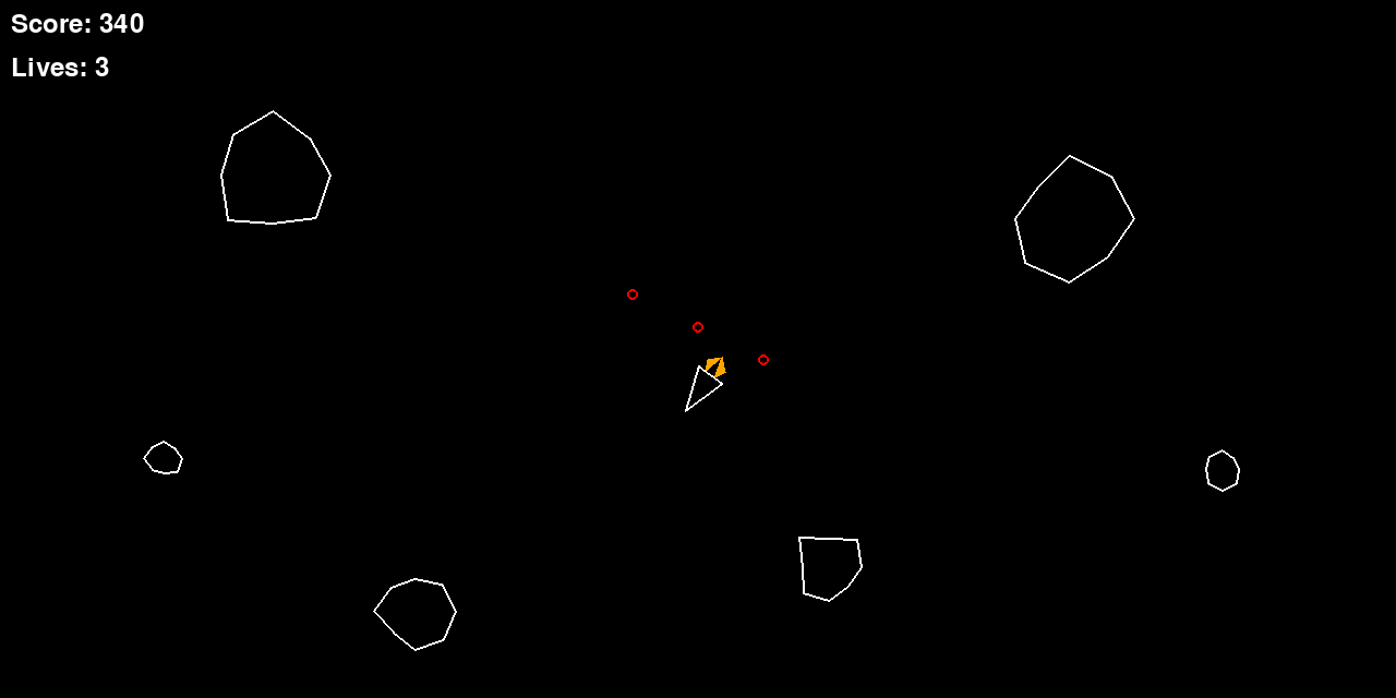The game running: the ship drifting mid-screen with its thrust plume lit, irregular asteroids scattered around it, and shots in flight